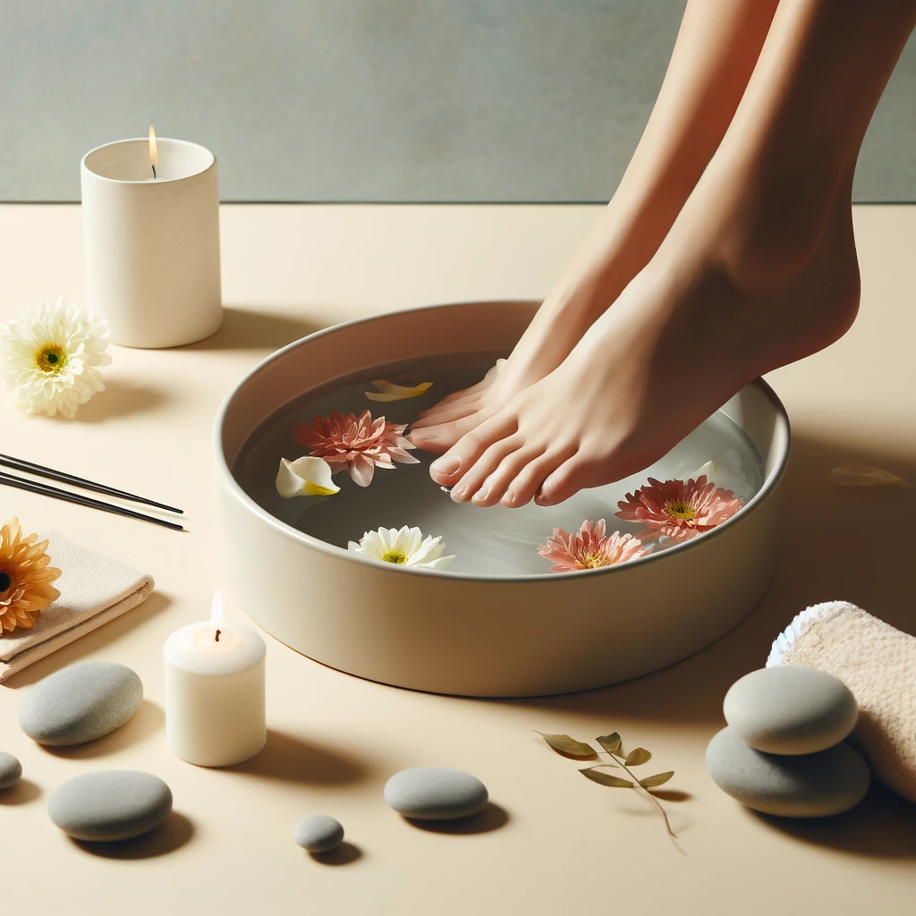 Escena de tratamiento de spa para pies con un par de pies sumergidos en un baño tibio con pétalos de rosa, en un entorno minimalista y relajante con una toalla enrollada y una vela encendida