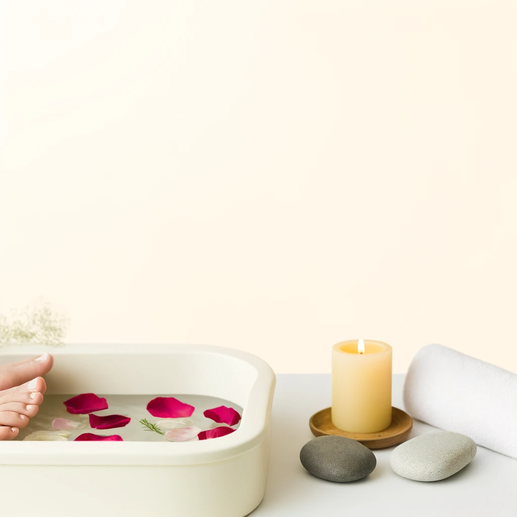 Tratamiento de spa para pies mostrando un par de pies en un baño tibio con pétalos de flores, con una toalla enrollada, una vela encendida y piedras lisas alrededor, creando una atmósfera tranquila y relajante
